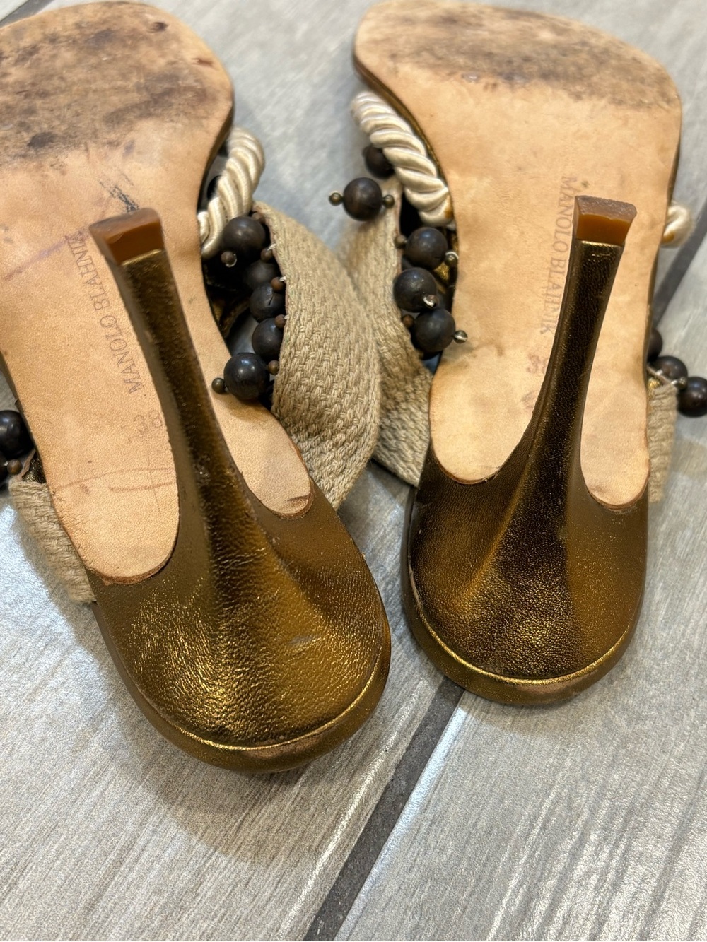Manolo Blahnik Gold Rope-Trim Slide Sandals - Picture 10 of 12